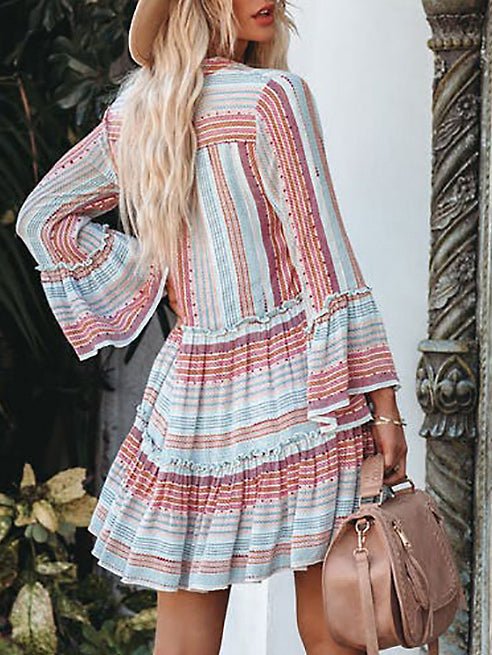 Notched V-Neck Multi Stripe Print Tiered Bell Sleeve Ruffle Trim Mini Dress