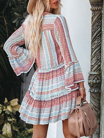 Notched V-Neck Multi Stripe Print Tiered Bell Sleeve Ruffle Trim Mini Dress