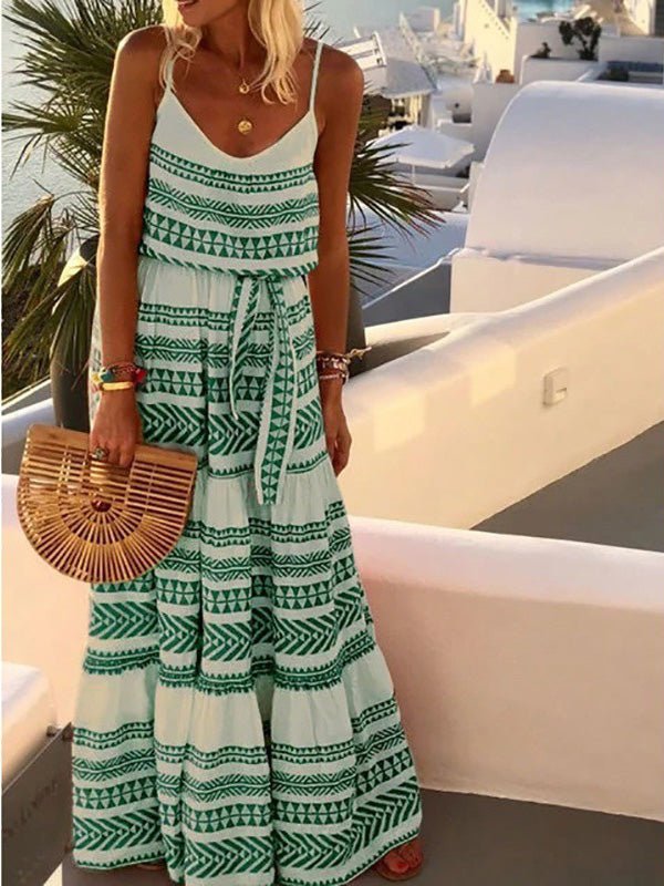 Geometric Tribal Print Spaghetti Strap Tie-Waist Tiered Maxi Dress