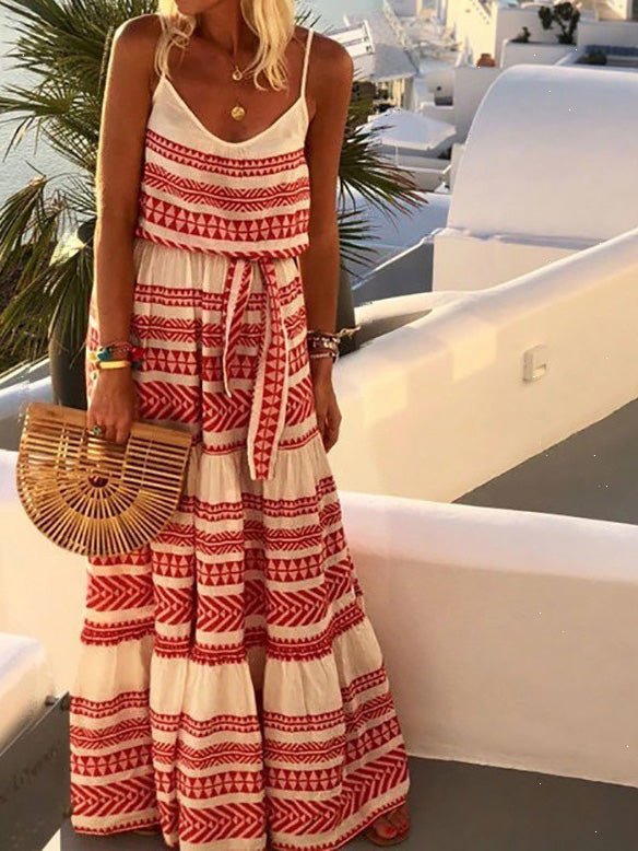 Geometric Tribal Print Spaghetti Strap Tie-Waist Tiered Maxi Dress