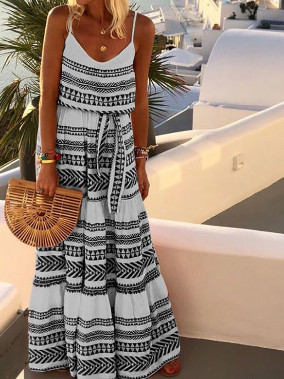 Geometric Tribal Print Spaghetti Strap Tie-Waist Tiered Maxi Dress