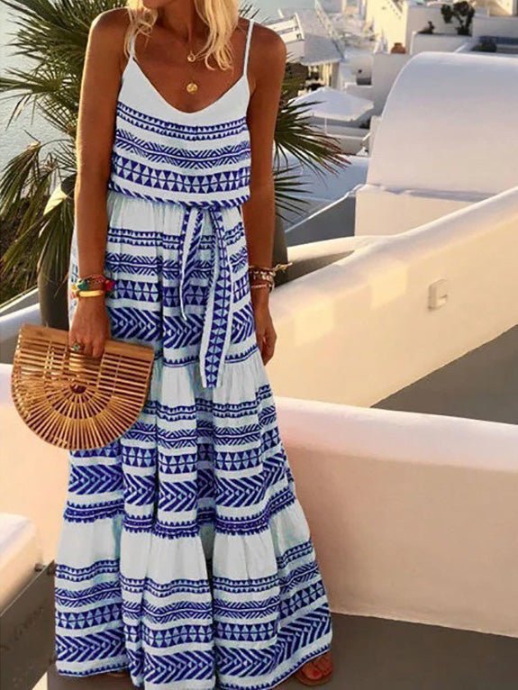 Geometric Tribal Print Spaghetti Strap Tie-Waist Tiered Maxi Dress
