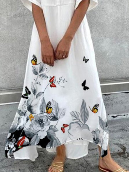 V-Neck Flutter Sleeve Empire Waist Floral Butterfly Print Maxi Dress