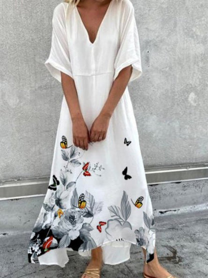 V-Neck Flutter Sleeve Empire Waist Floral Butterfly Print Maxi Dress