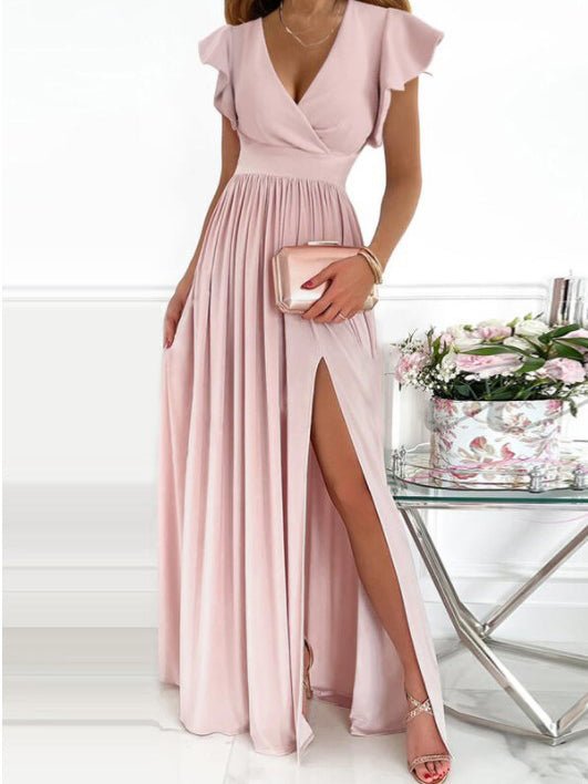 V Neck Wrap Flutter Sleeve Pleated Side Slit Maxi Dress