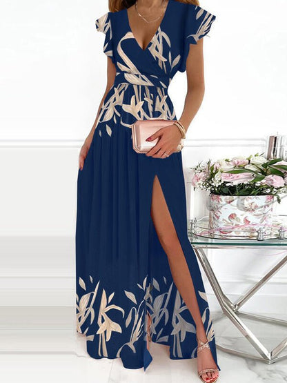 V Neck Wrap Flutter Sleeve Pleated Side Slit Maxi Dress