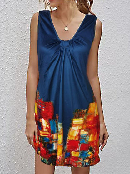 V-Neck Twisted Knot Front Distressed Flag Print Shift Mini Dress