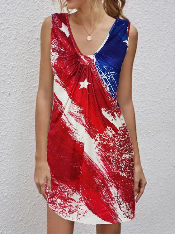 V-Neck Twisted Knot Front Distressed Flag Print Shift Mini Dress
