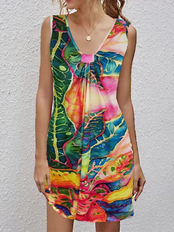 V-Neck Twisted Knot Front Distressed Flag Print Shift Mini Dress
