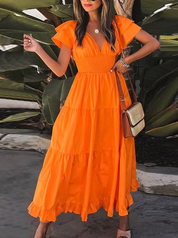 Smocked Waist Flutter Sleeve Tiered Ruffle Maxi Dress