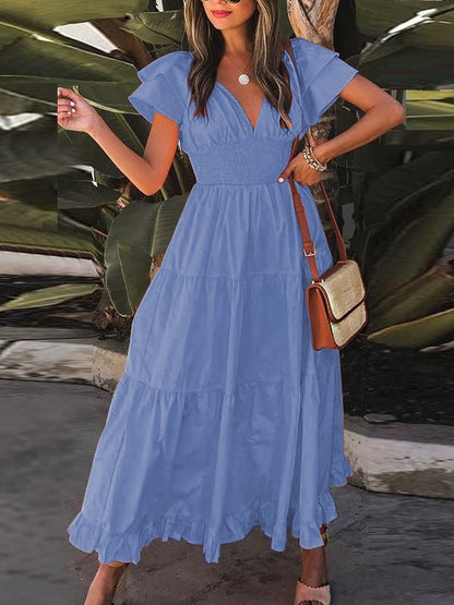 Smocked Waist Flutter Sleeve Tiered Ruffle Maxi Dress