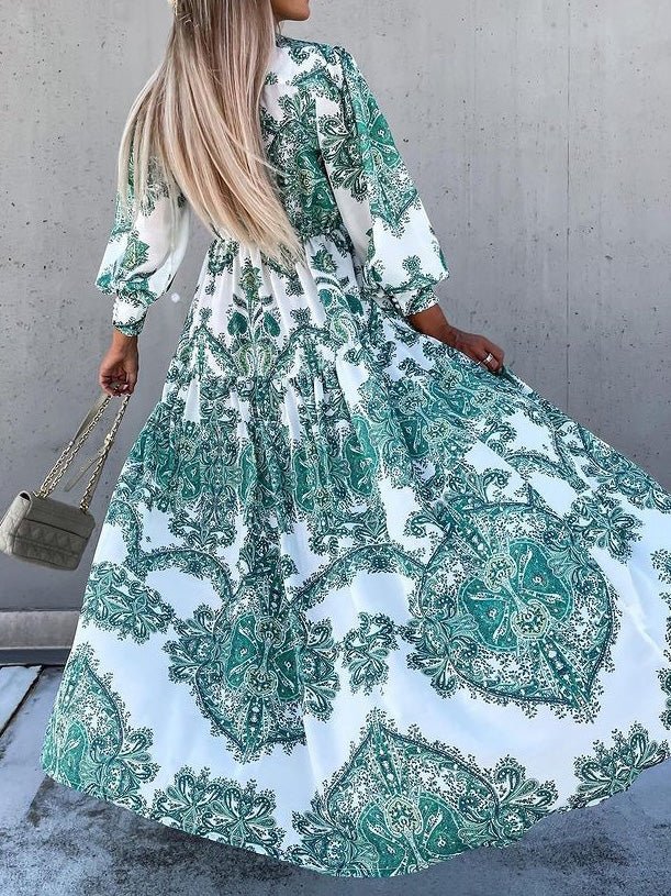 Collared Button Front Puff Sleeve Paisley Print Tiered Slit Maxi Dress