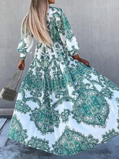 Collared Button Front Puff Sleeve Paisley Print Tiered Slit Maxi Dress