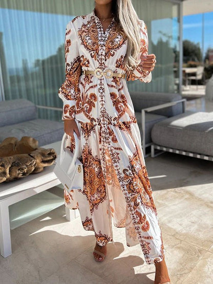 Collared Button Front Puff Sleeve Paisley Print Tiered Slit Maxi Dress