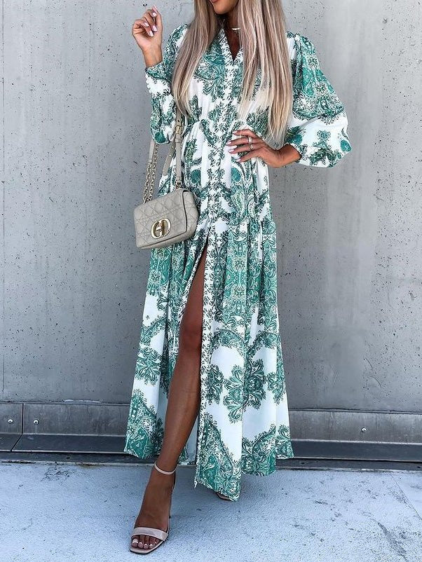 Collared Button Front Puff Sleeve Paisley Print Tiered Slit Maxi Dress