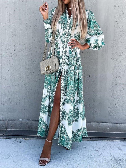 Collared Button Front Puff Sleeve Paisley Print Tiered Slit Maxi Dress