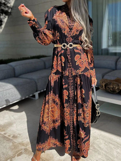 Collared Button Front Puff Sleeve Paisley Print Tiered Slit Maxi Dress