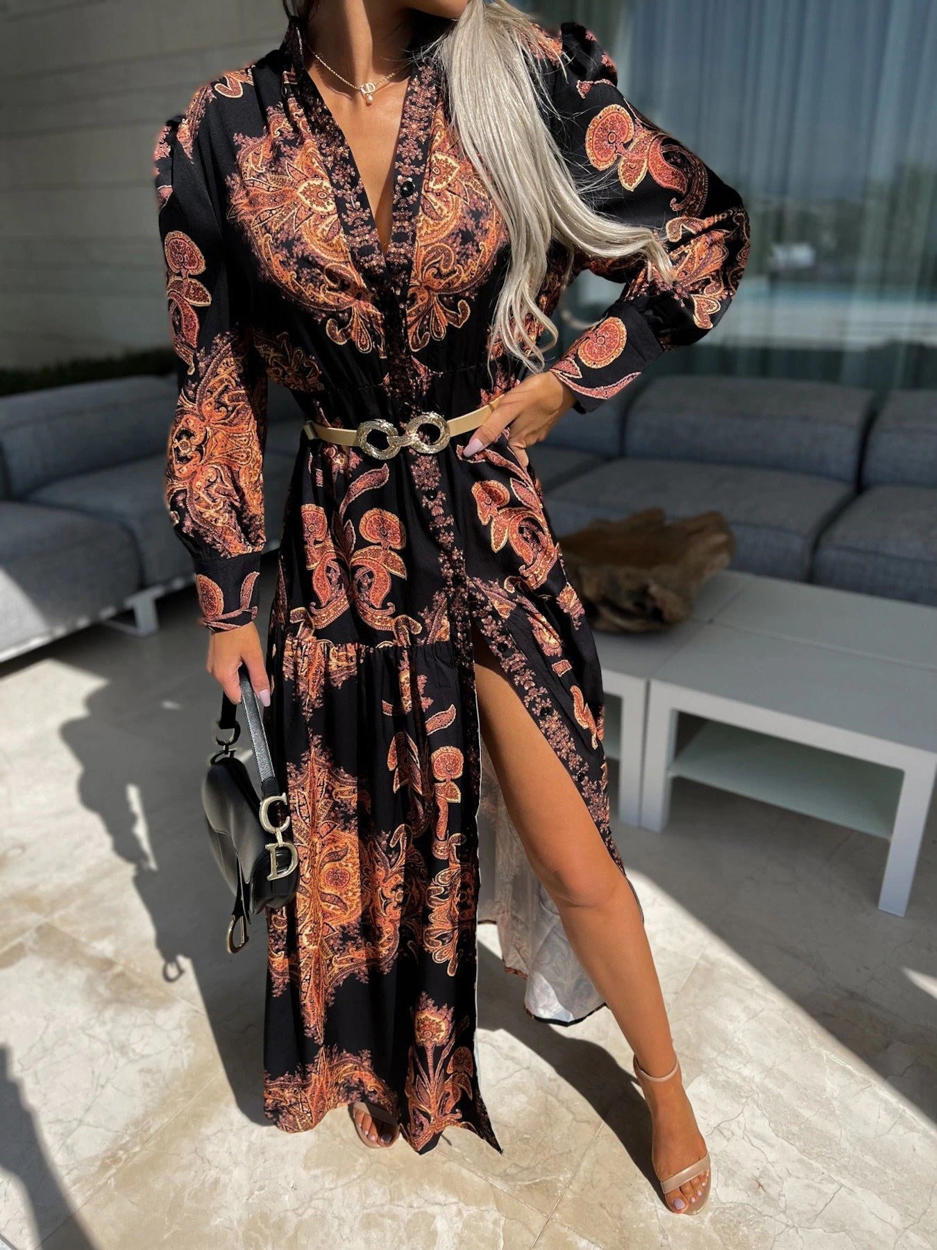Collared Button Front Puff Sleeve Paisley Print Tiered Slit Maxi Dress