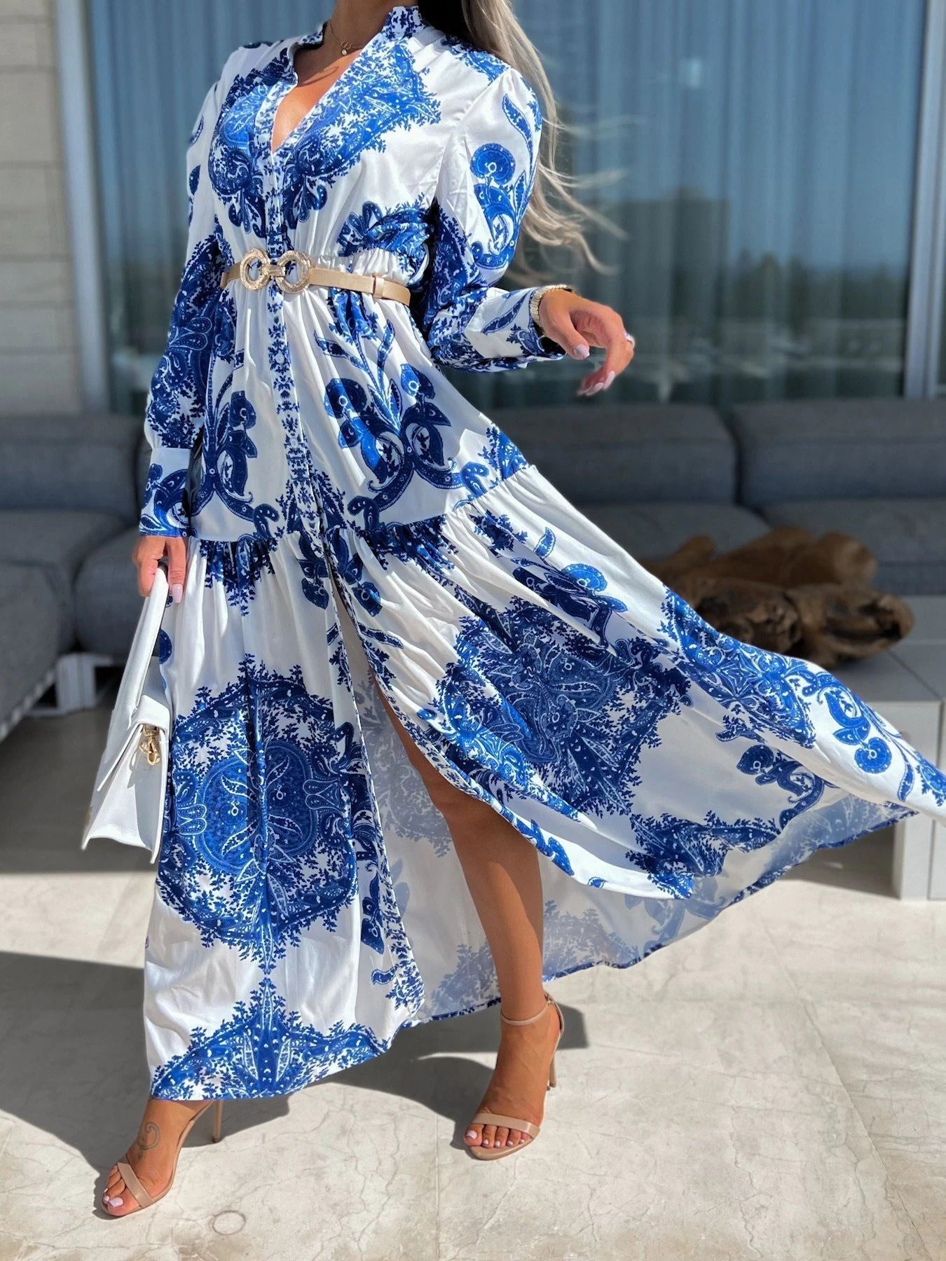 Collared Button Front Puff Sleeve Paisley Print Tiered Slit Maxi Dress