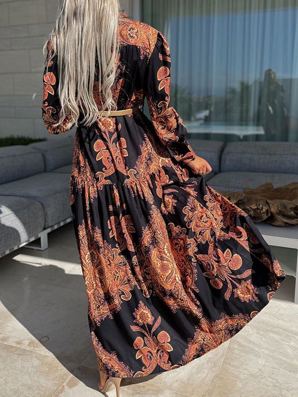 Collared Button Front Puff Sleeve Paisley Print Tiered Slit Maxi Dress