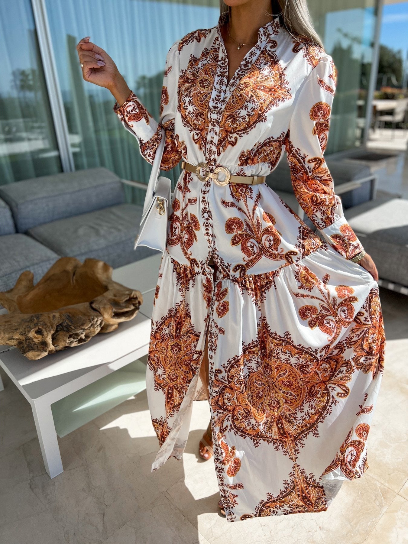 Collared Button Front Puff Sleeve Paisley Print Tiered Slit Maxi Dress