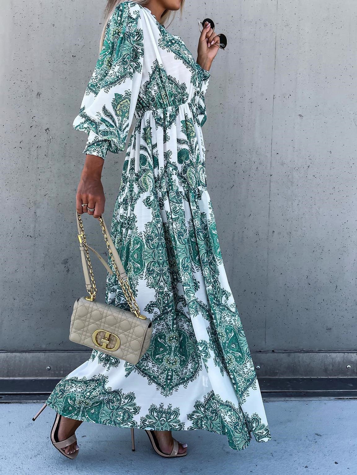 Collared Button Front Puff Sleeve Paisley Print Tiered Slit Maxi Dress