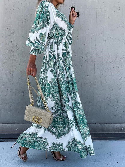 Collared Button Front Puff Sleeve Paisley Print Tiered Slit Maxi Dress