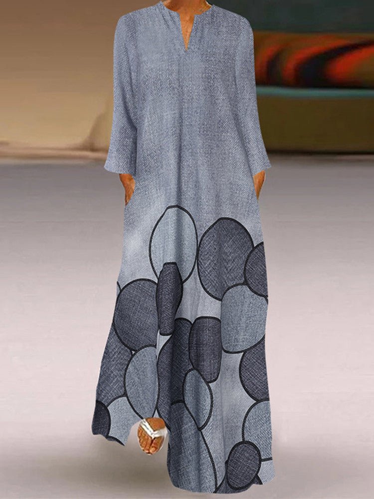 Circle Print V-Neck Long Sleeve Pocket Maxi Dress