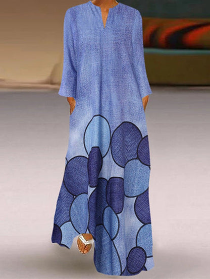 Circle Print V-Neck Long Sleeve Pocket Maxi Dress