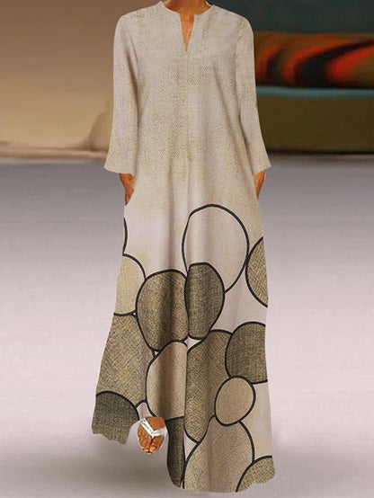 Circle Print V-Neck Long Sleeve Pocket Maxi Dress