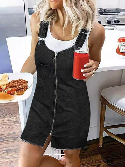 Zip Front Distressed Rip Adjustable Strap Overall Denim Mini Dress