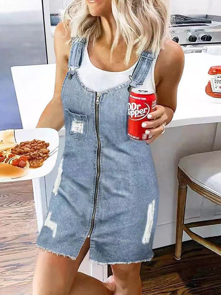 Zip Front Distressed Rip Adjustable Strap Overall Denim Mini Dress