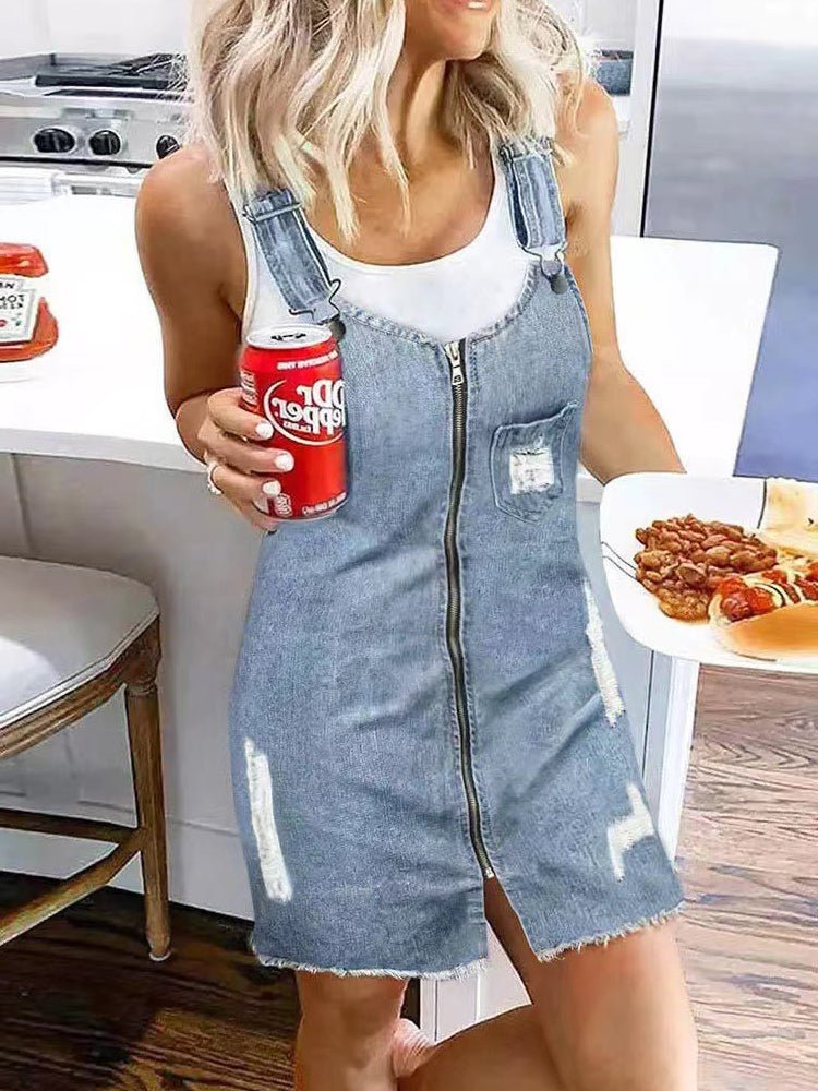 Zip Front Distressed Rip Adjustable Strap Overall Denim Mini Dress