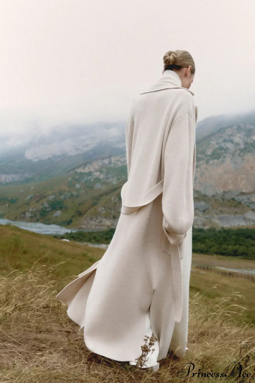 Wool Blend Lapel Tie Waist Long Overcoat