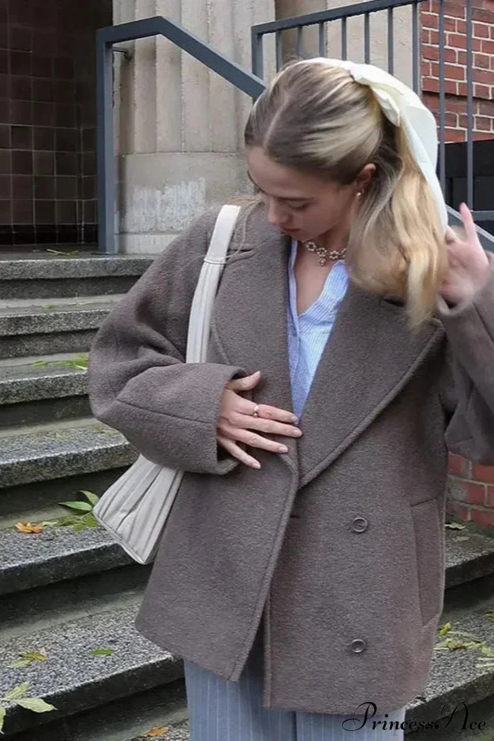 Wool Double Breasted Collared Short Sleeve Coat