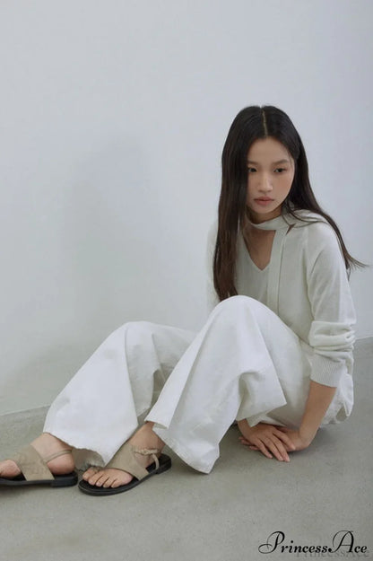 Wool V-Neck Oversized Long-Sleeve Knit Top
