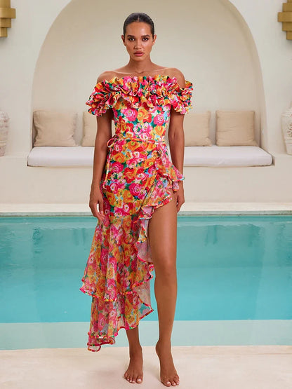 Floral Print Ruffle Bodysuit & Skirt Swimsuit Set