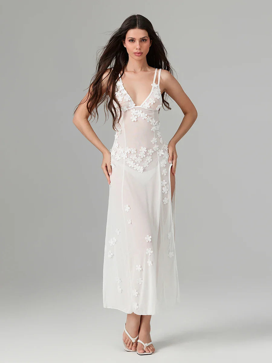3D Flower Decor Backless Deep V Slit See-Through Beach Floral Dress