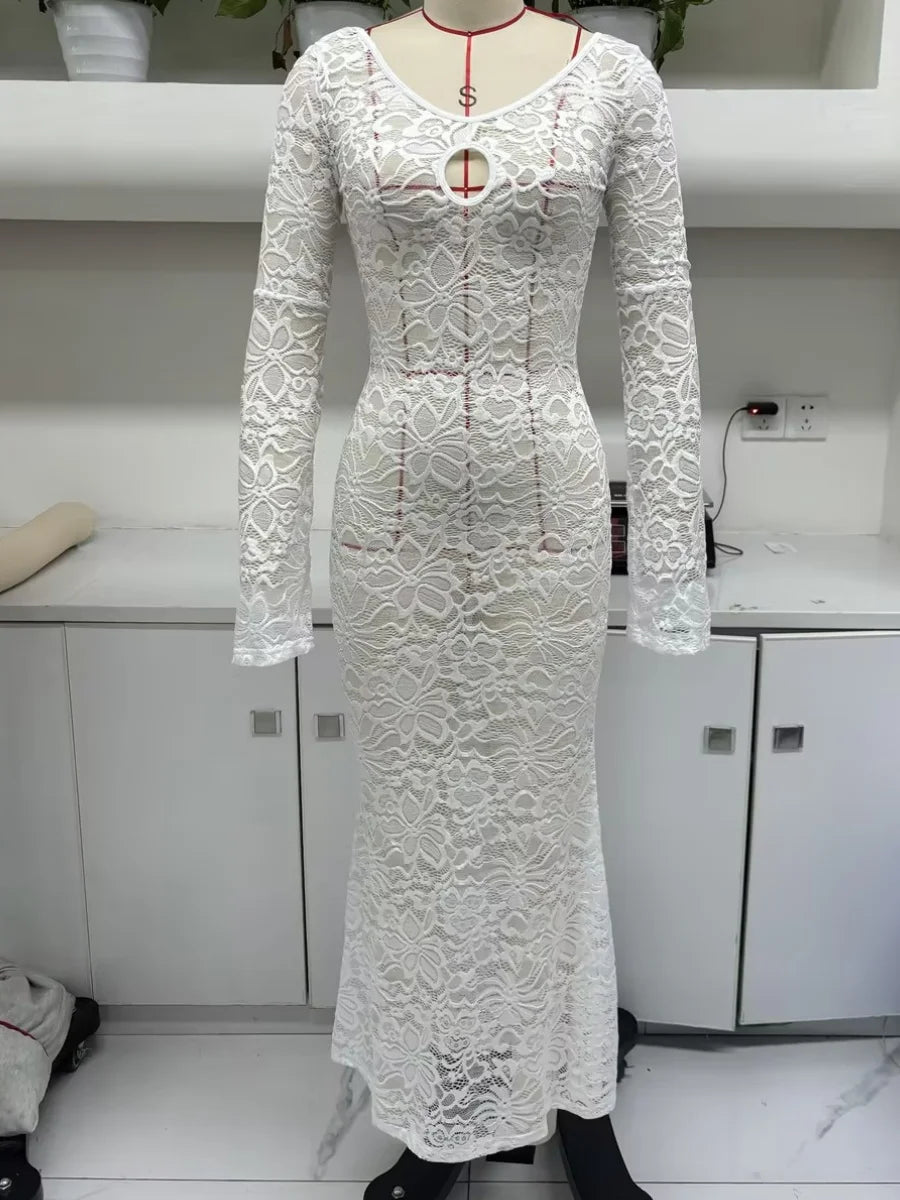 Backless White Lace Sheer Floral Dress