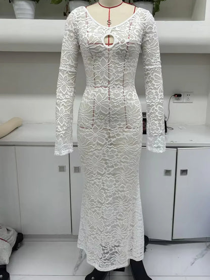 Backless White Lace Sheer Floral Dress