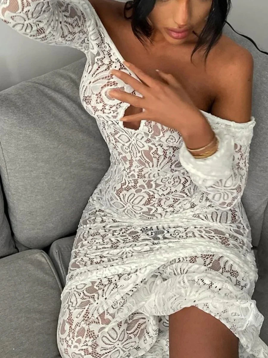 Backless White Lace Sheer Floral Dress