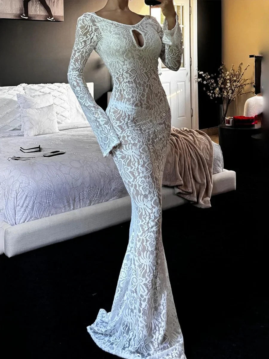 Backless White Lace Sheer Floral Dress