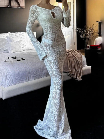 Backless White Lace Sheer Floral Dress