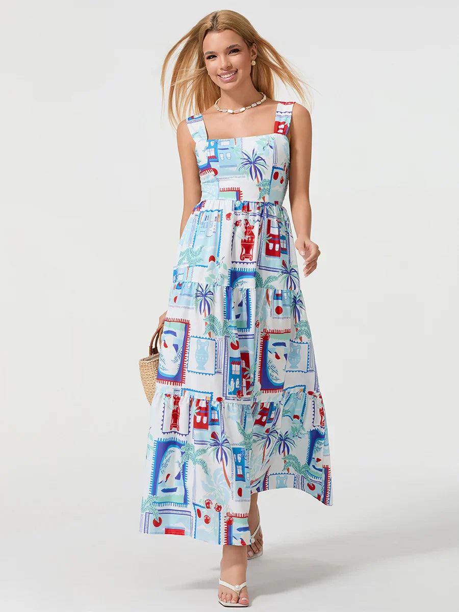 Bohemian Floral Geometric Print Flow Tank Square Neck Sleeveless A-Line Dress