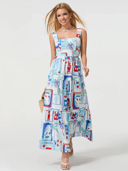 Bohemian Floral Geometric Print Flow Tank Square Neck Sleeveless A-Line Dress