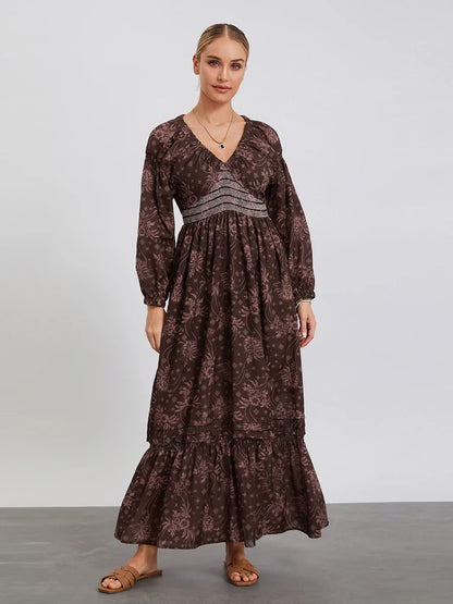 Bohemian Floral Print Puff Sleeve Swing Floral Dress