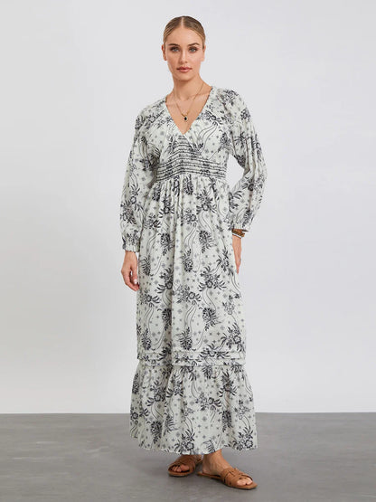 Bohemian Floral Print Puff Sleeve Swing Floral Dress