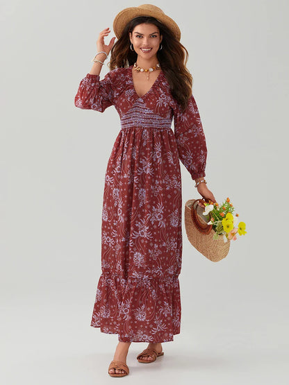 Bohemian Floral Print Puff Sleeve Swing Floral Dress