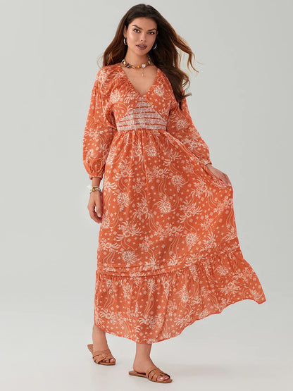 Bohemian Floral Print Puff Sleeve Swing Floral Dress