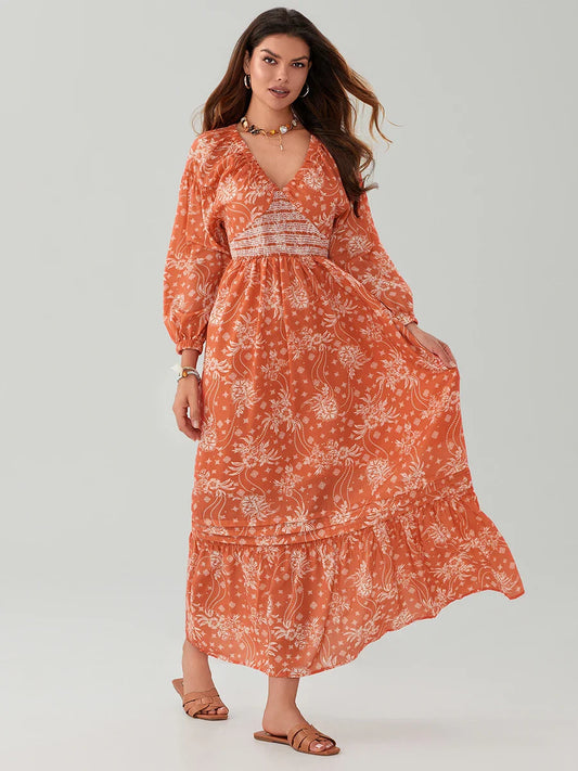 Bohemian Floral Print Puff Sleeve Swing Floral Dress